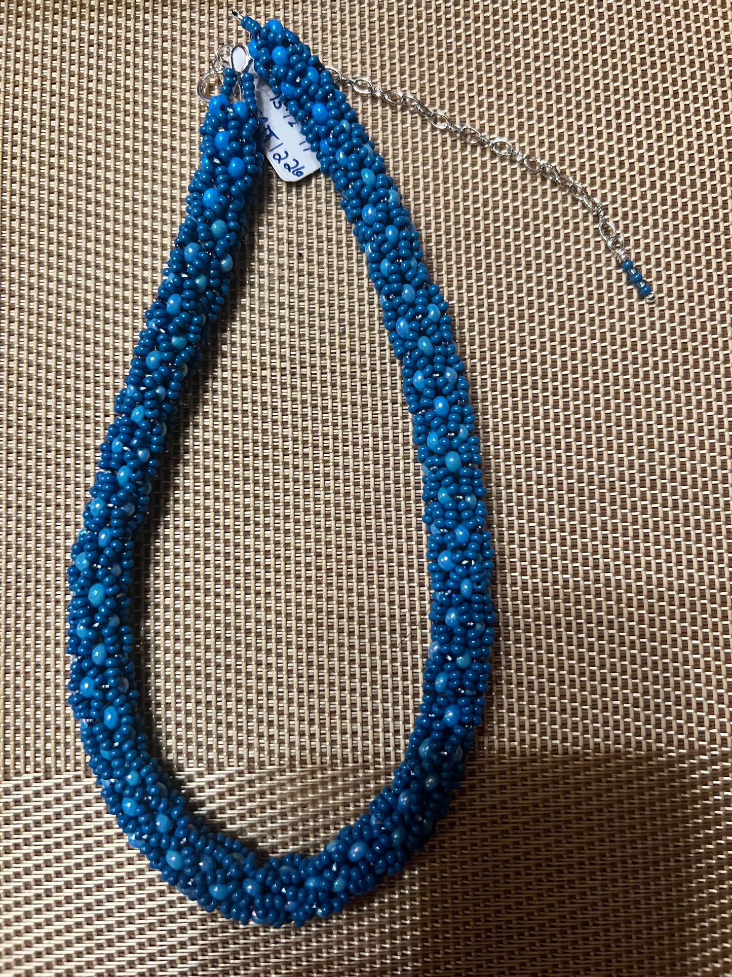 Shades of Blue Hand sewn Seed Bead Necklace with Silver Chain