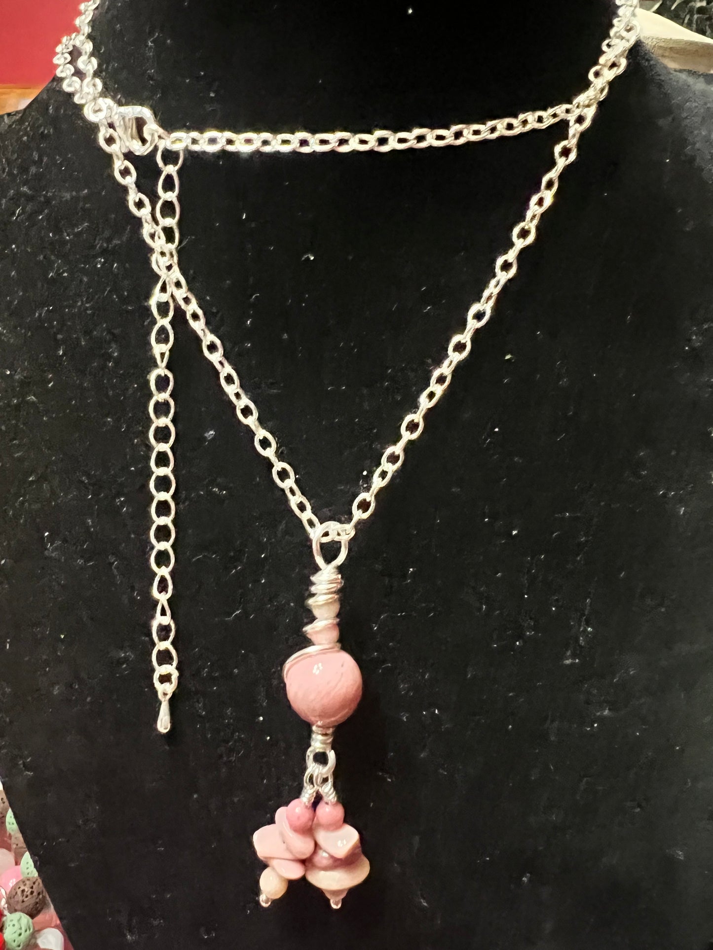 Pink Rhodonite with 2" Pendant on Silver Chain Necklace