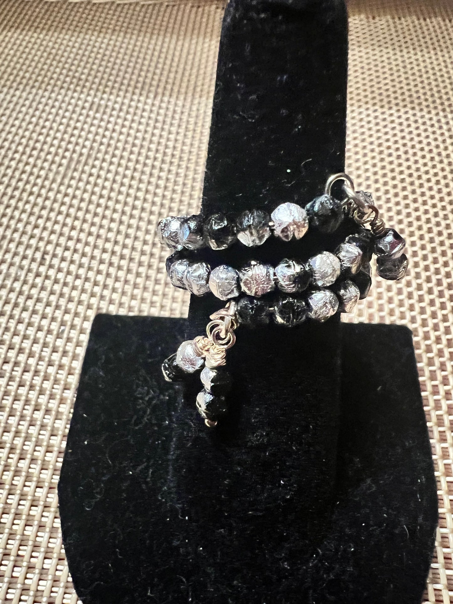 Black and Silver Metallic Crystal Wrap Adjustable Ring