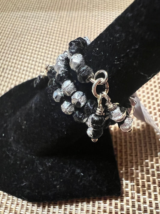 Black and Silver Metallic Crystal Wrap Adjustable Ring