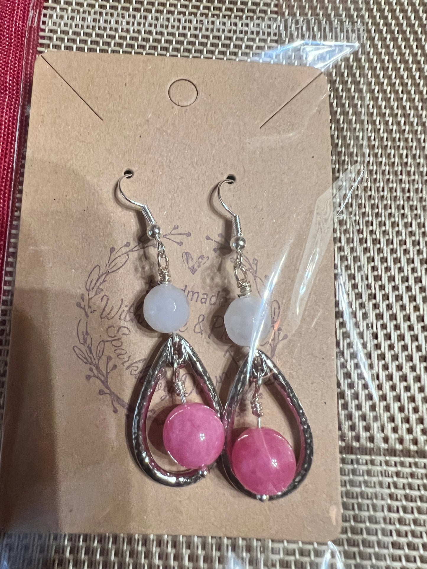 Light Pink and Dark Pink Quartz with Silver Open Teardrop Earrings