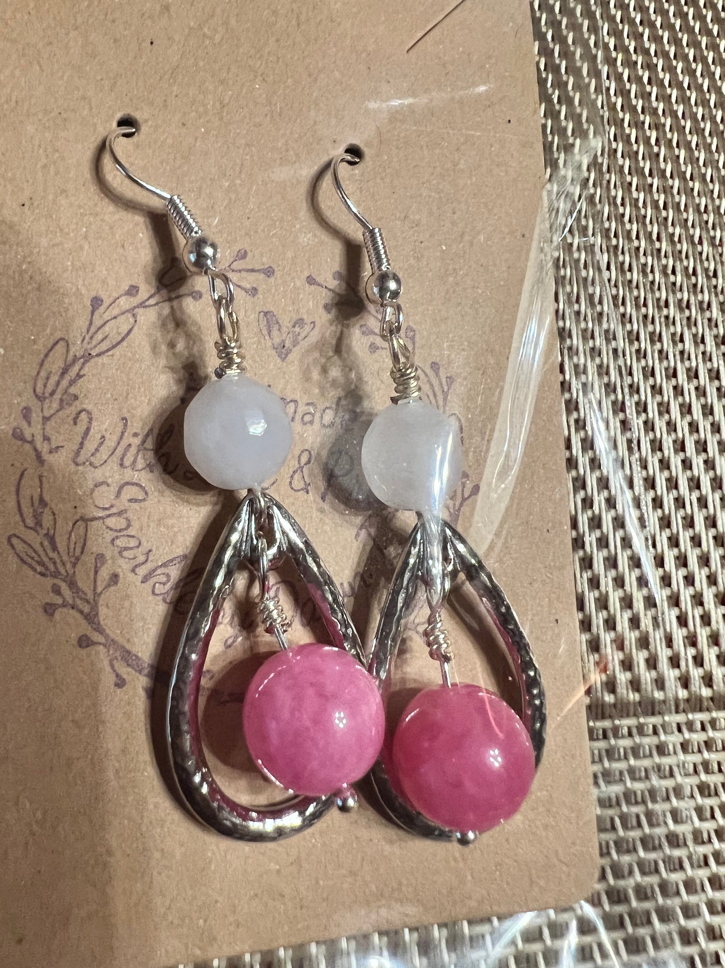 Light Pink and Dark Pink Quartz with Silver Open Teardrop Earrings