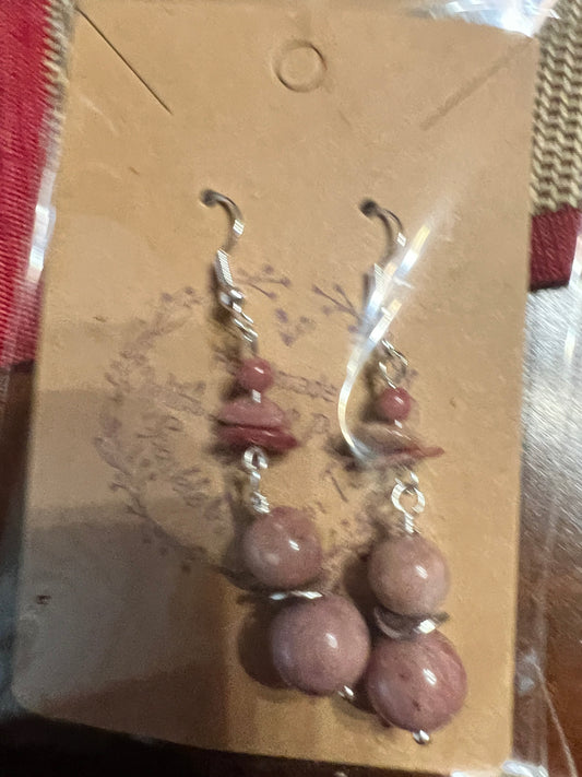 Pink Rhodonite chips and beads with silver Earrings