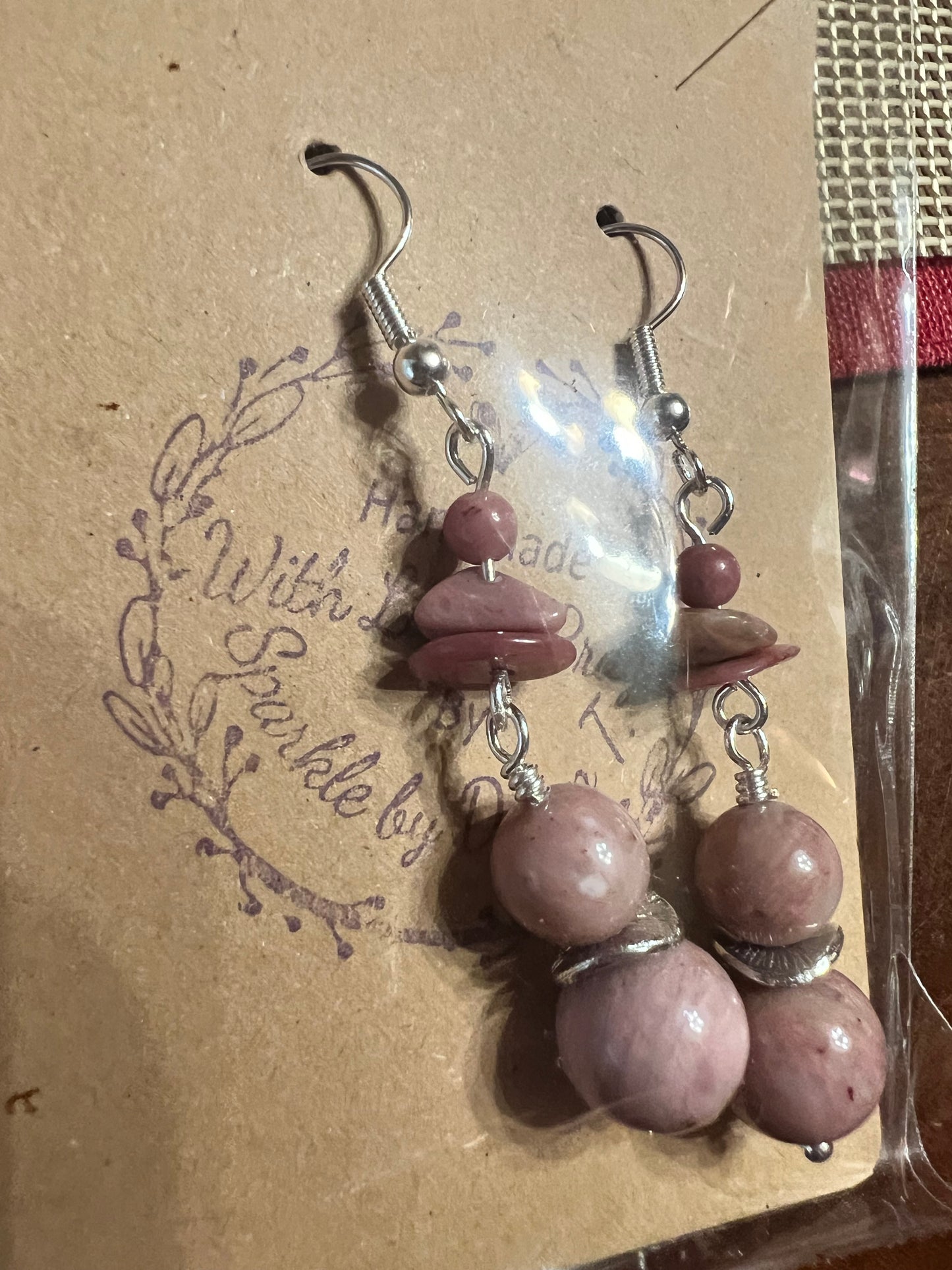 Pink Rhodonite chips and beads with silver Earrings