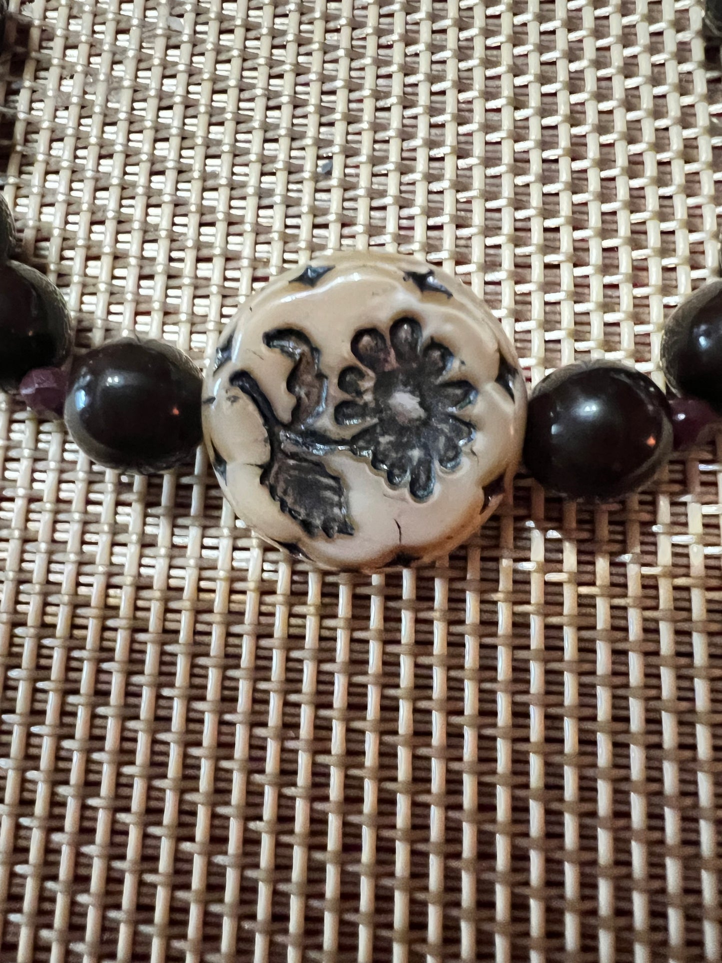 Brown and Crystal Stretch Bracelet with Flower Focal