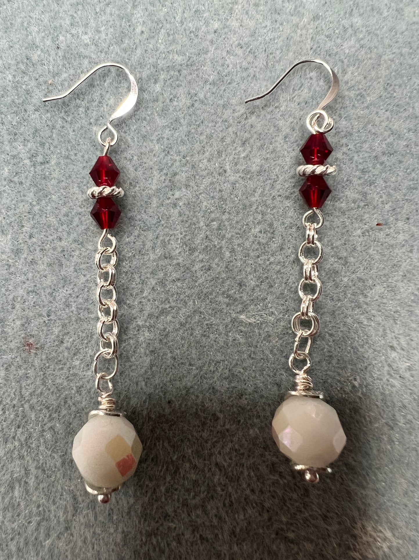 White and Red Crystal Silver Chain Earrings