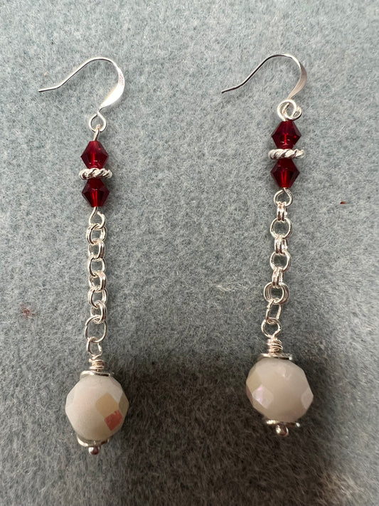 White and Red Crystal Silver Chain Earrings