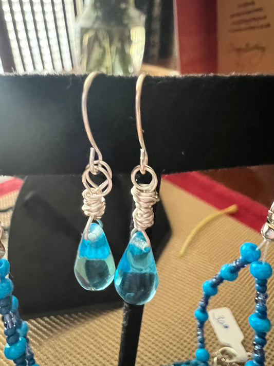 Aqua Teardrop and Silver Dangle Earrings