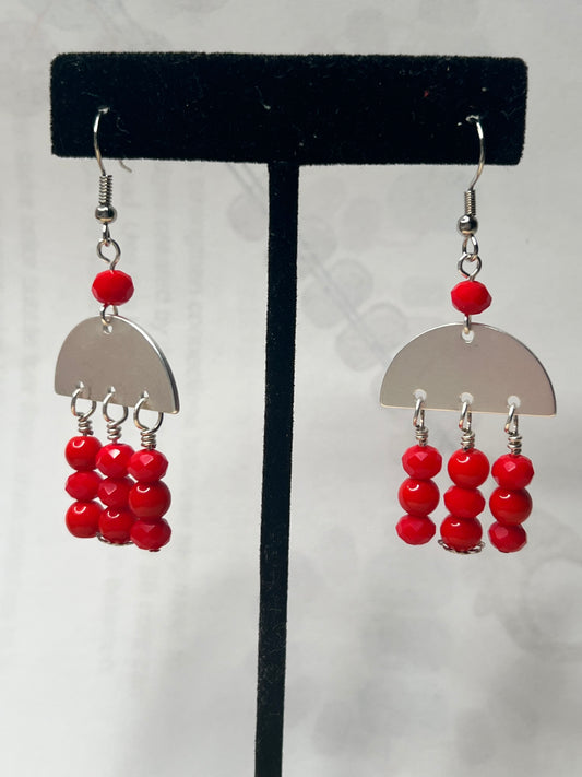 Red Opaque Crystals with Half Moon Silver Earrings