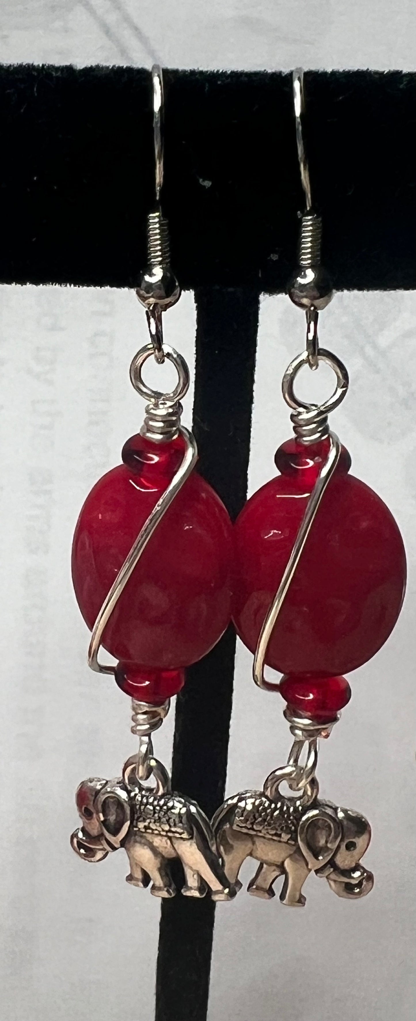 Handwrapped Oval Red Czech Glass with Elephant Pendant Earrings