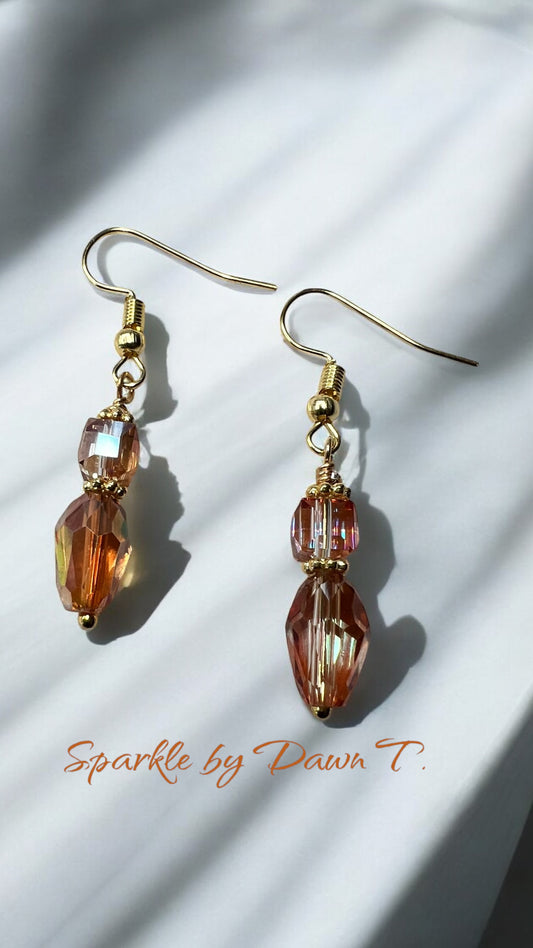 Peach Crystal and Gold dangle earrings