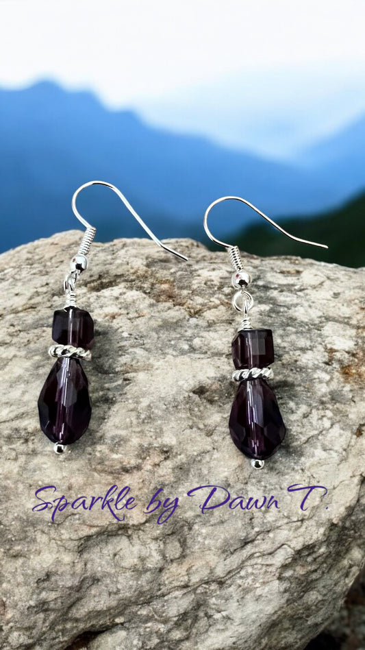 Purple Crystal and Silver dangle earrings