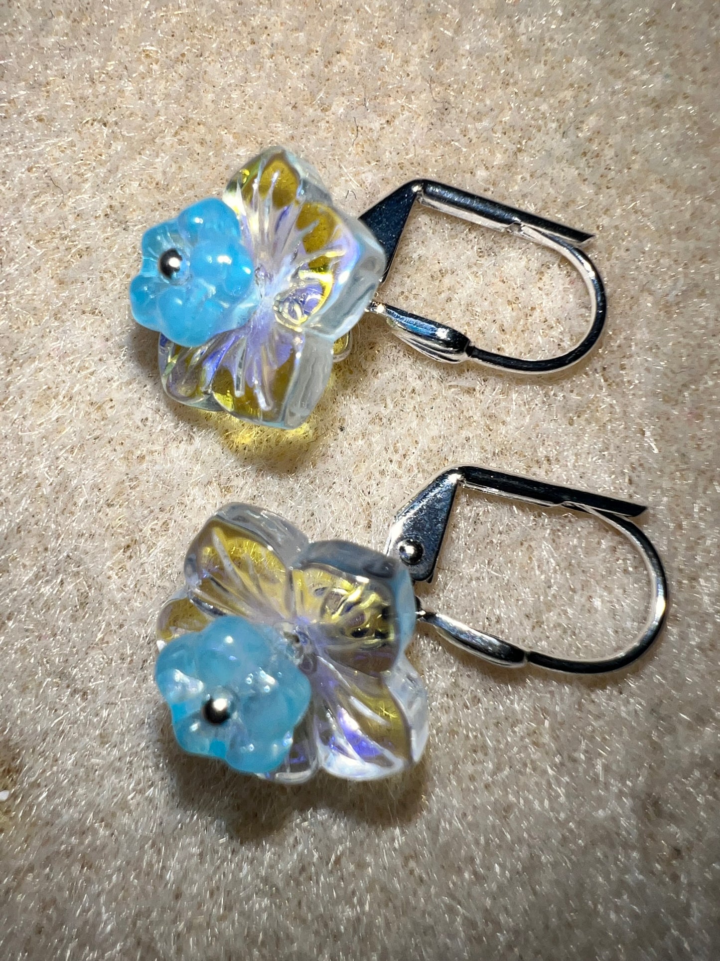 Yellow-Clear and Turquoise Flower Earrings on Silver