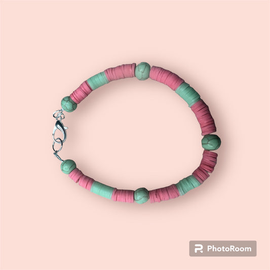 Salmon Pink and Apple green Heishis with beads with silver closure Bracelet