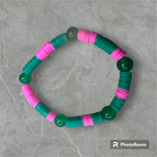 Pink and Green Heishis with emerald beads stretch bracelet