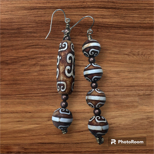 Wood DZI Agate Mismatched Earrings