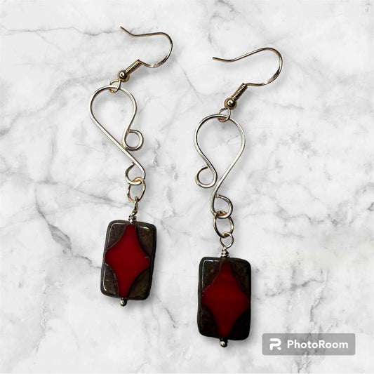 Red and Bronze Rectangle Czech Glass Earrings on Handcrafted Gold Earrings