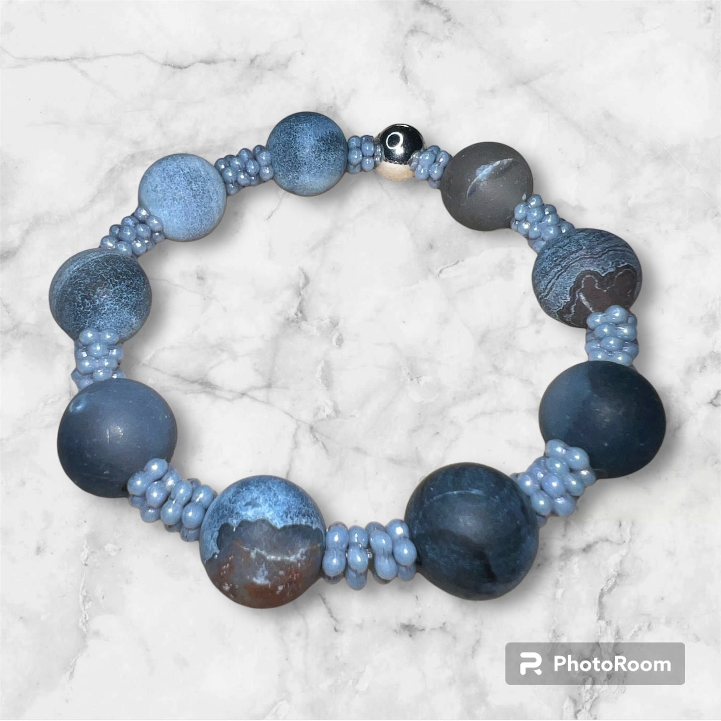 Blue Matte Agate Beads with Flower Spacers and silver Stretch Bracelet