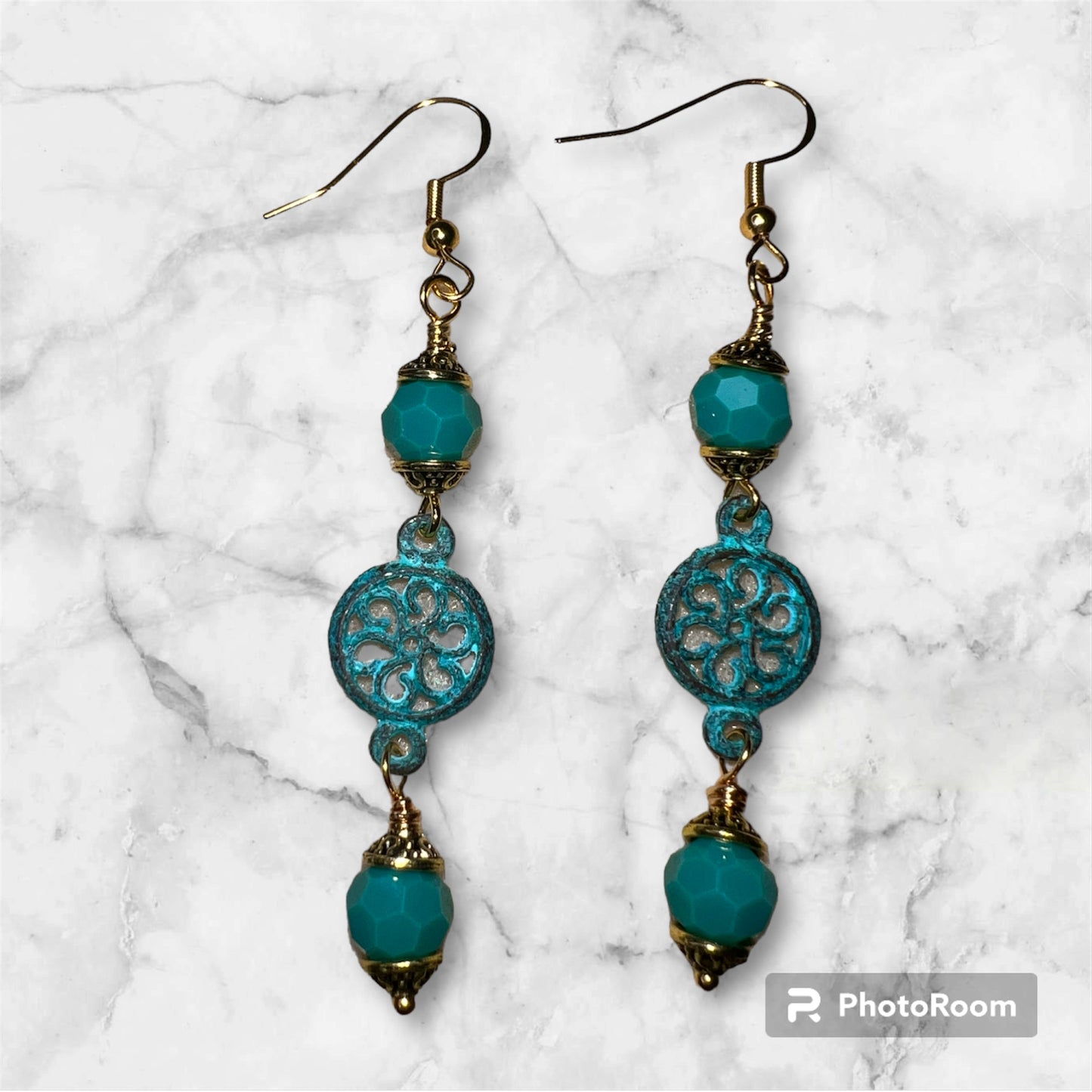 Green Teal and Gold Dangle Earrings with Flower Metal Focal - pairs with SBDT1264