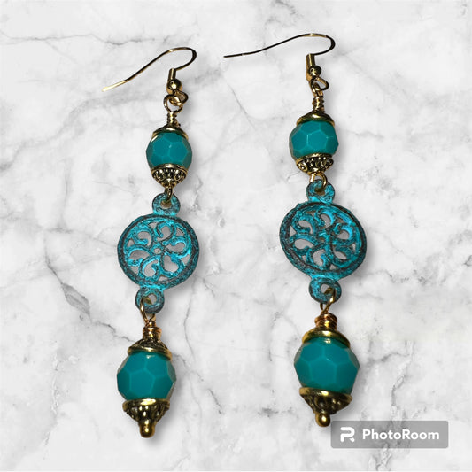 Green Teal and Gold Dangle Earrings with Flower Metal Focal - pairs with SBDT1264