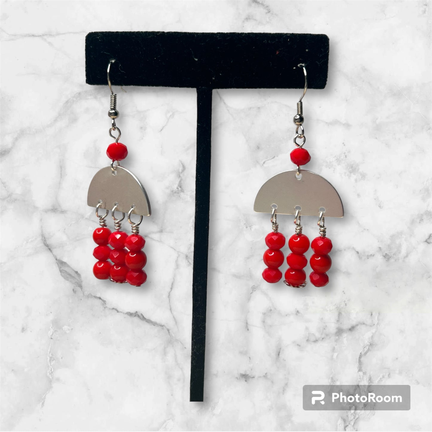 Red Opaque Crystals with Half Moon Silver Earrings