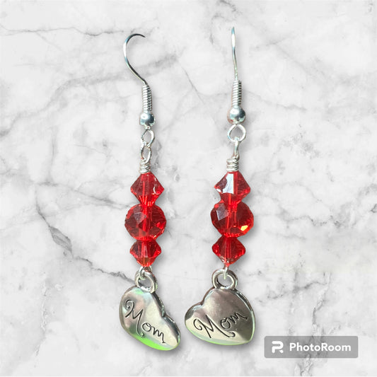 Silver Mom Heart and Red Crystal Silver Earrings