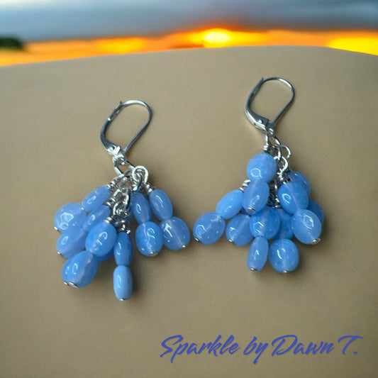 Czech Glass Filigree Blue Opal Oval ChaCha Earrings with Silver