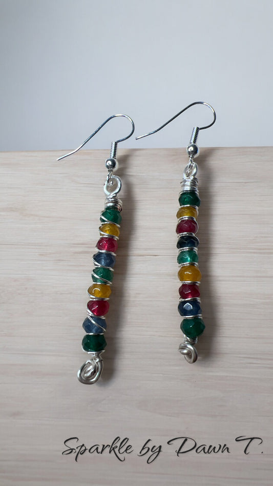 Multi-colored quartz and silver wrapped earrings