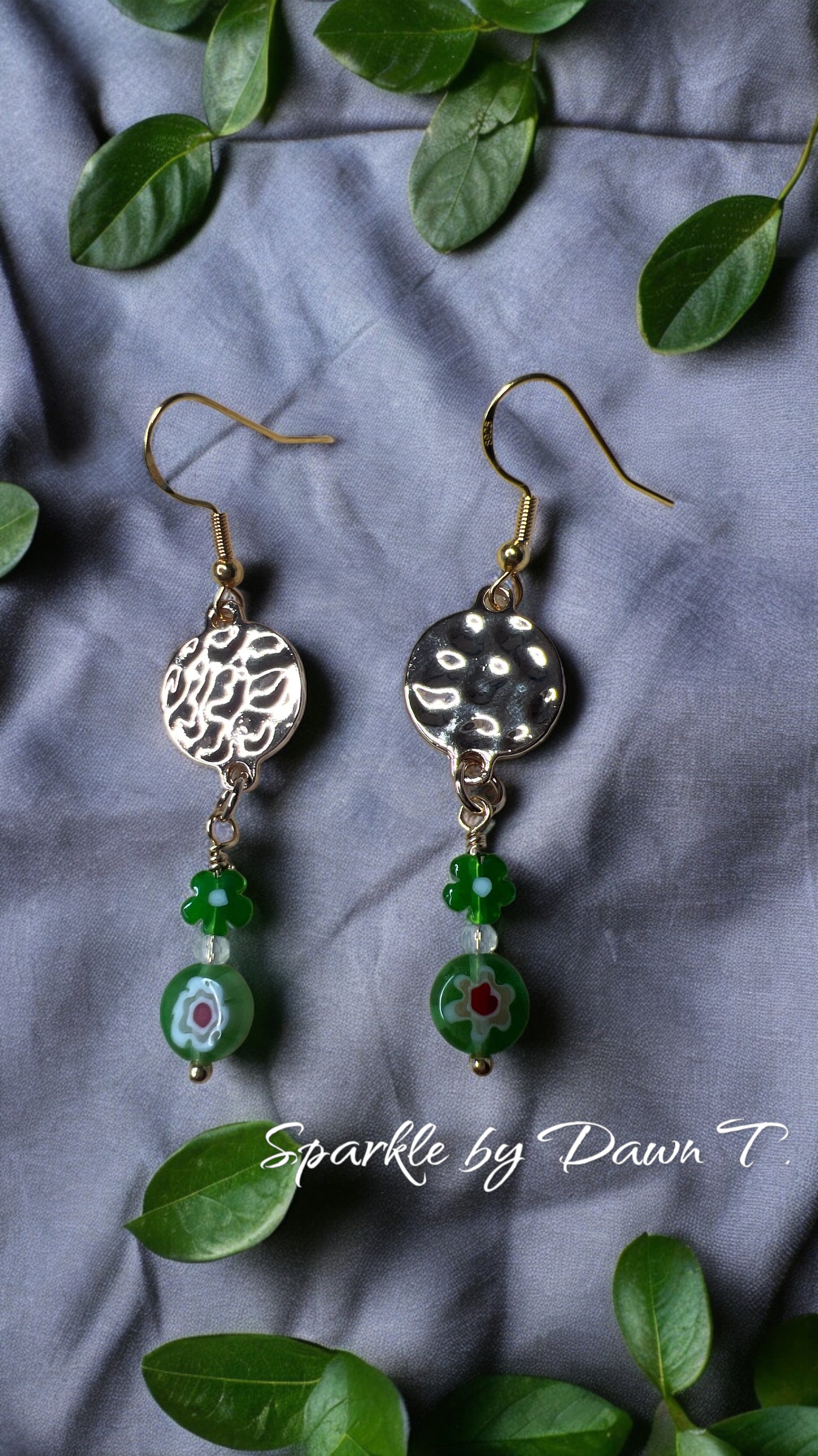 Gold Disk with Green and Fuchsia Flower Earrings