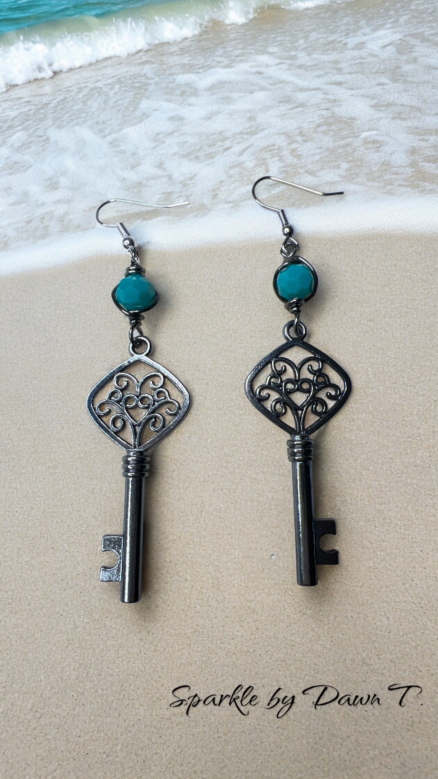 Teal Crystal and Hematite Key Earrings