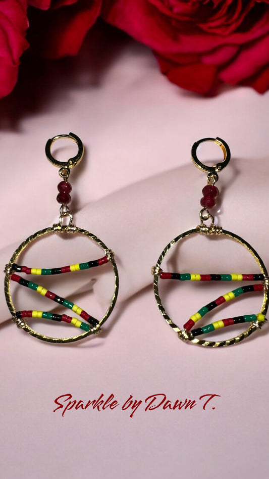 Gold Juneteenth Earrings with Red, Black, Green and Yellow