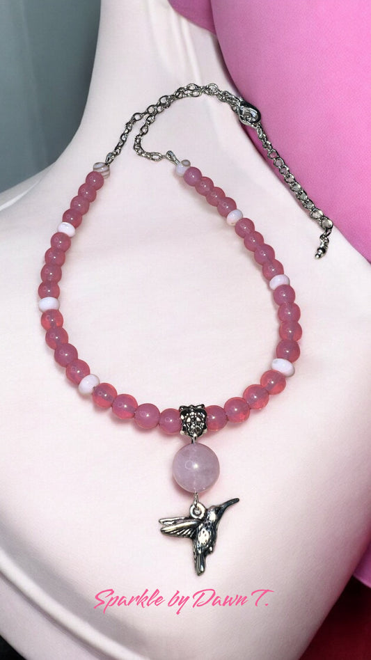 Hues of Pink Quartz choker necklace with hummingbird - pairs well with SBDT1282