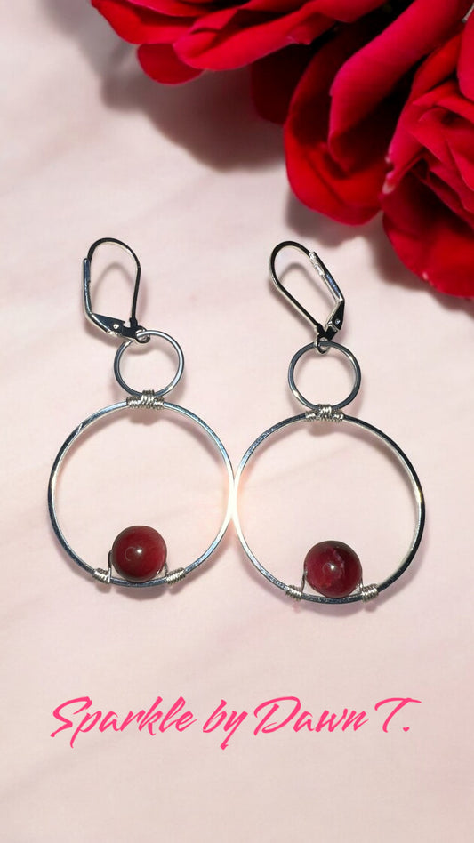 Silver Double Hoops Dangle Earrings with Fuchsia Tiger Eye Beads