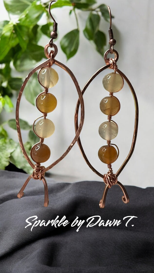 Copper Hand-shaped Fish Earrings with Agate (Cream to Gold)