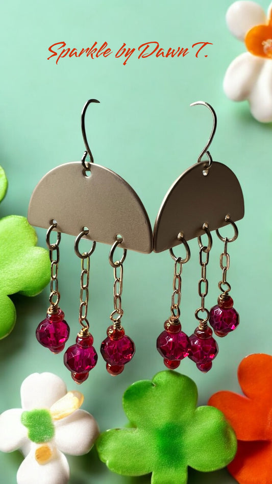 Fuschia Crystals and Fuschia/Orange Beads and gold chain on Matte Gold Half Moon Earrings