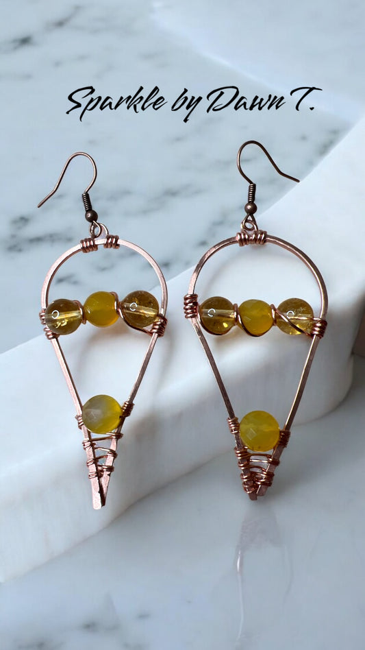 Copper Teardrops with wire-wrapped yellow/gold Agate Beads Earrings
