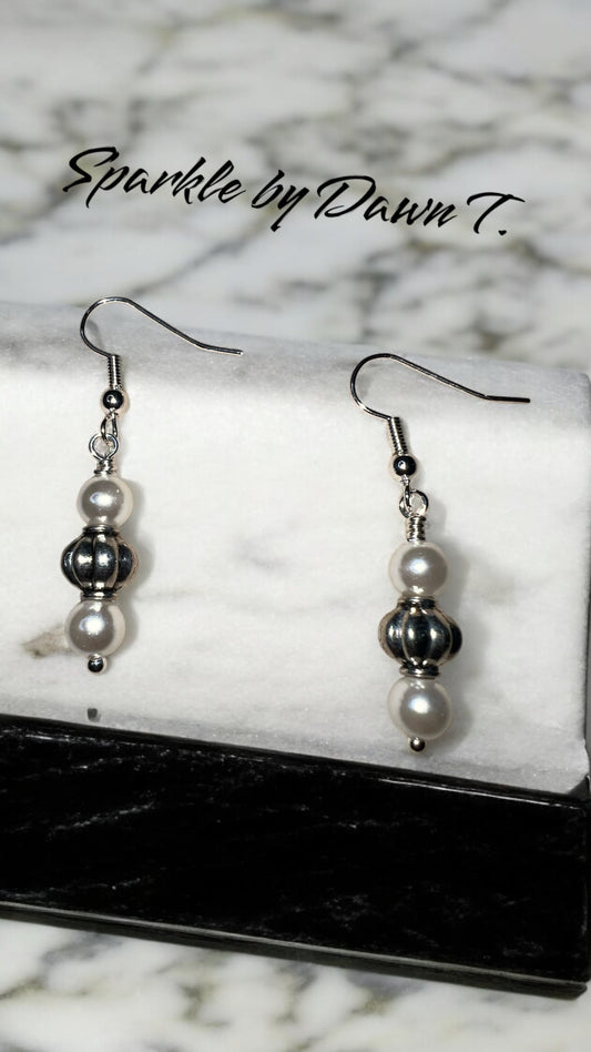 White Pearl with Silver Bead Earrings