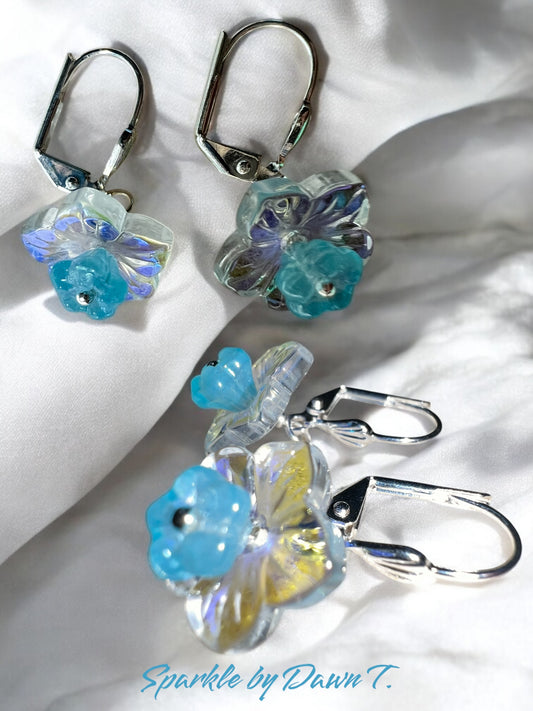 Yellow-Clear and Turquoise Flower Earrings on Silver