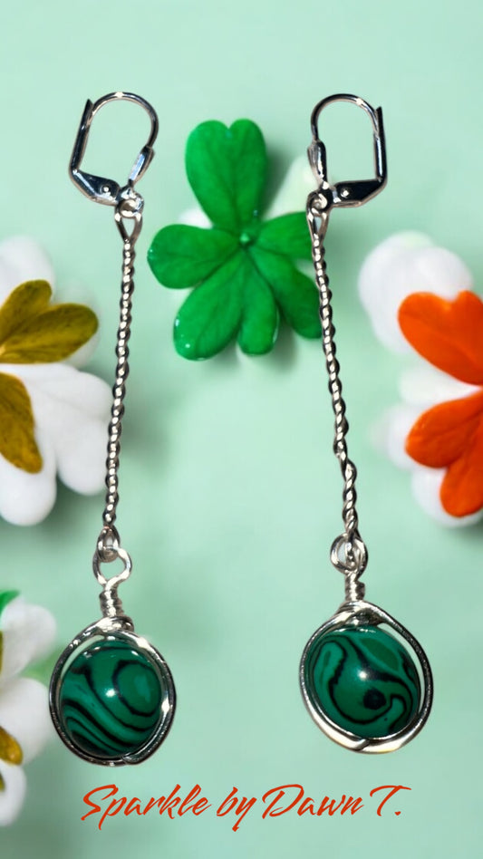 Twisted Silver with 8mm Malachite Beaded Long Earrings
