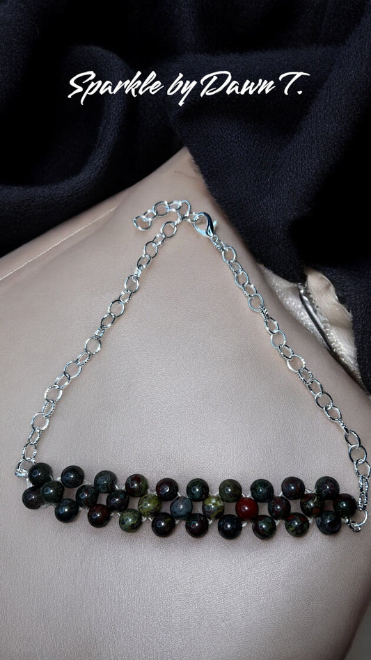 Dragon Blood Jasper Woven Choker with Silver Chain - pairs well with SBDT1290