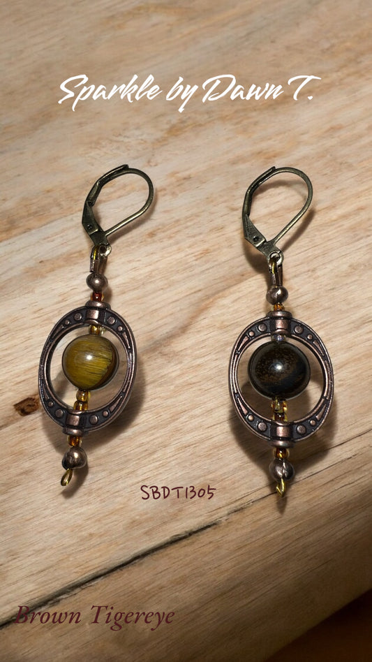 Brown Tigereye with Brass Frame Earrings