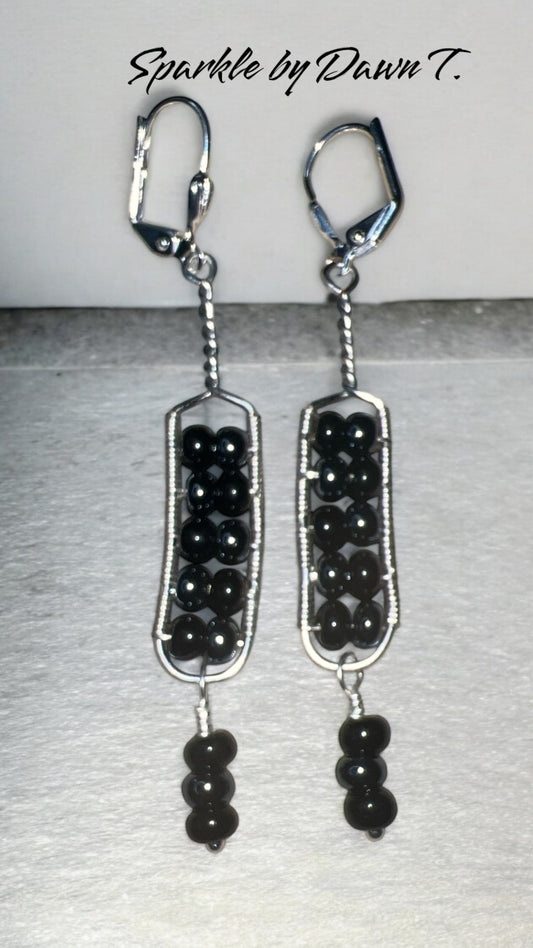 Black and Hematite Rectangle Silver Drop Earrings