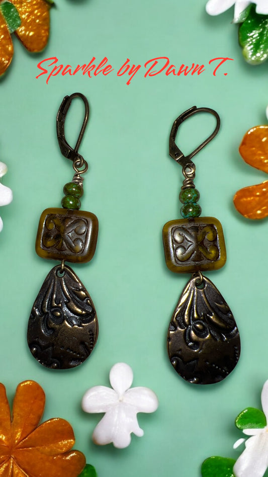 Rustic Ornate Olive Rectangle with Brass Ornate Teardrops and Green Beaded Earrings
