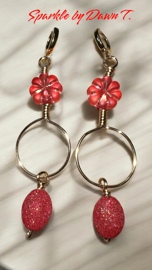 Light Transparent Red Flowers, Gold and Speckled Light Red Drop Earrings