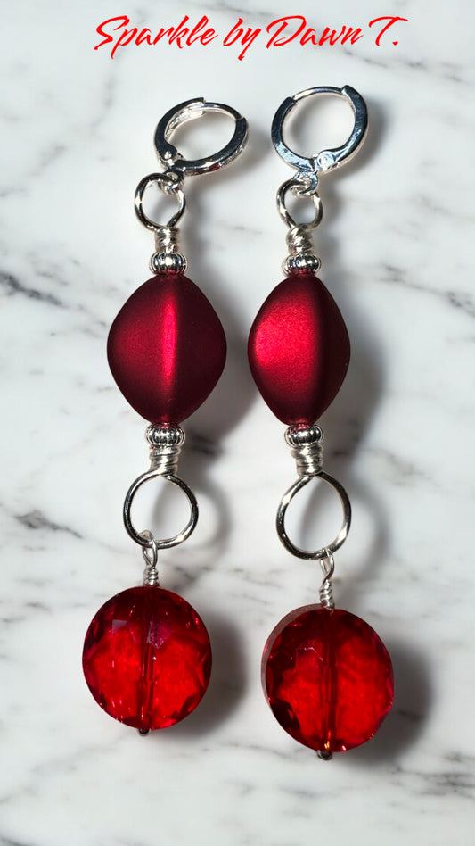 Matte Red and Red Crystal with Silver Long Dangle Earrings