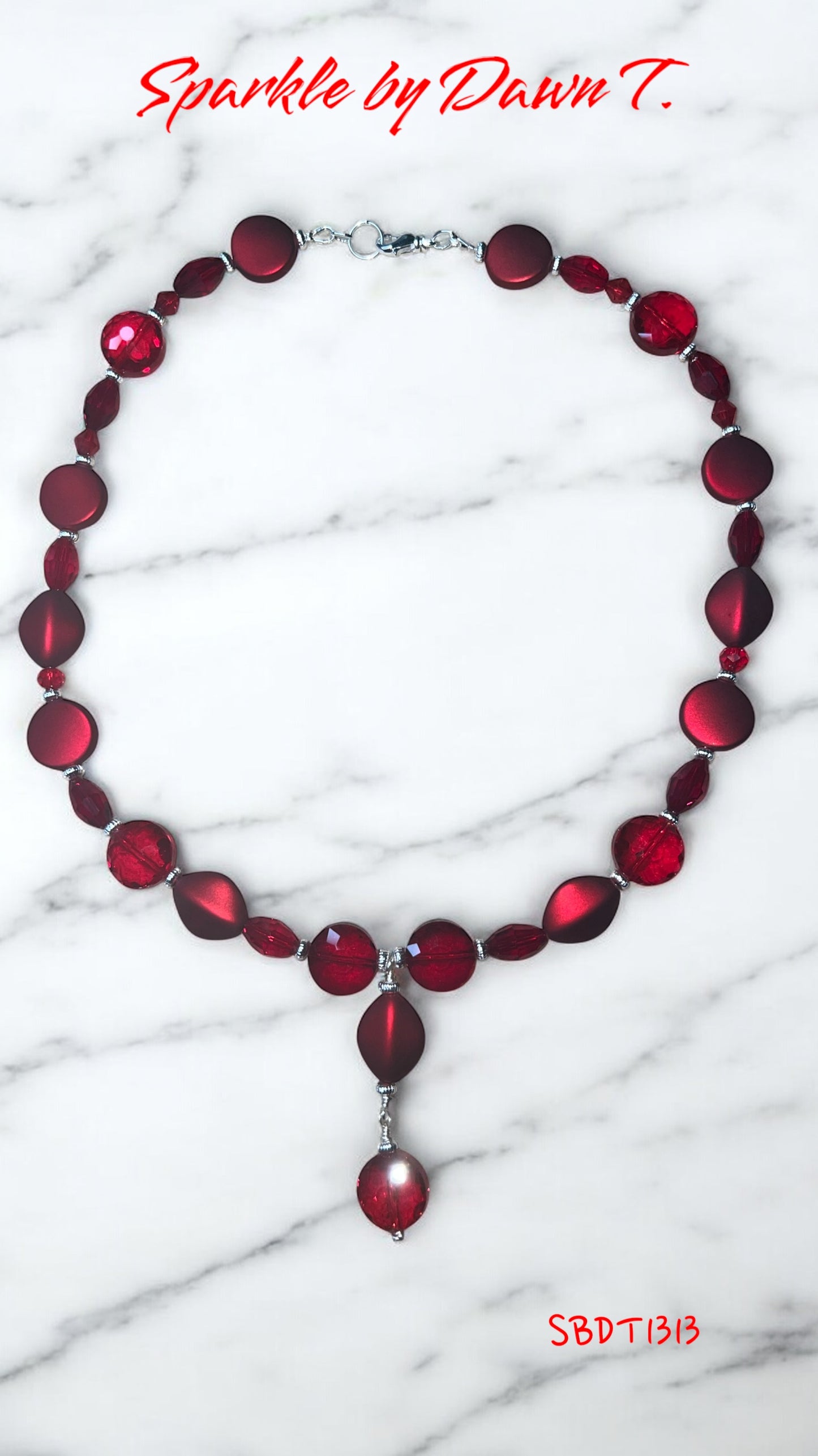 Matte Red and Red Crystal with Silver 19 inch necklace