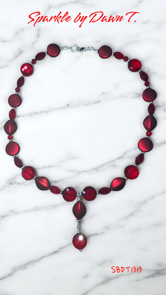 Matte Red and Red Crystal with Silver 19 inch necklace