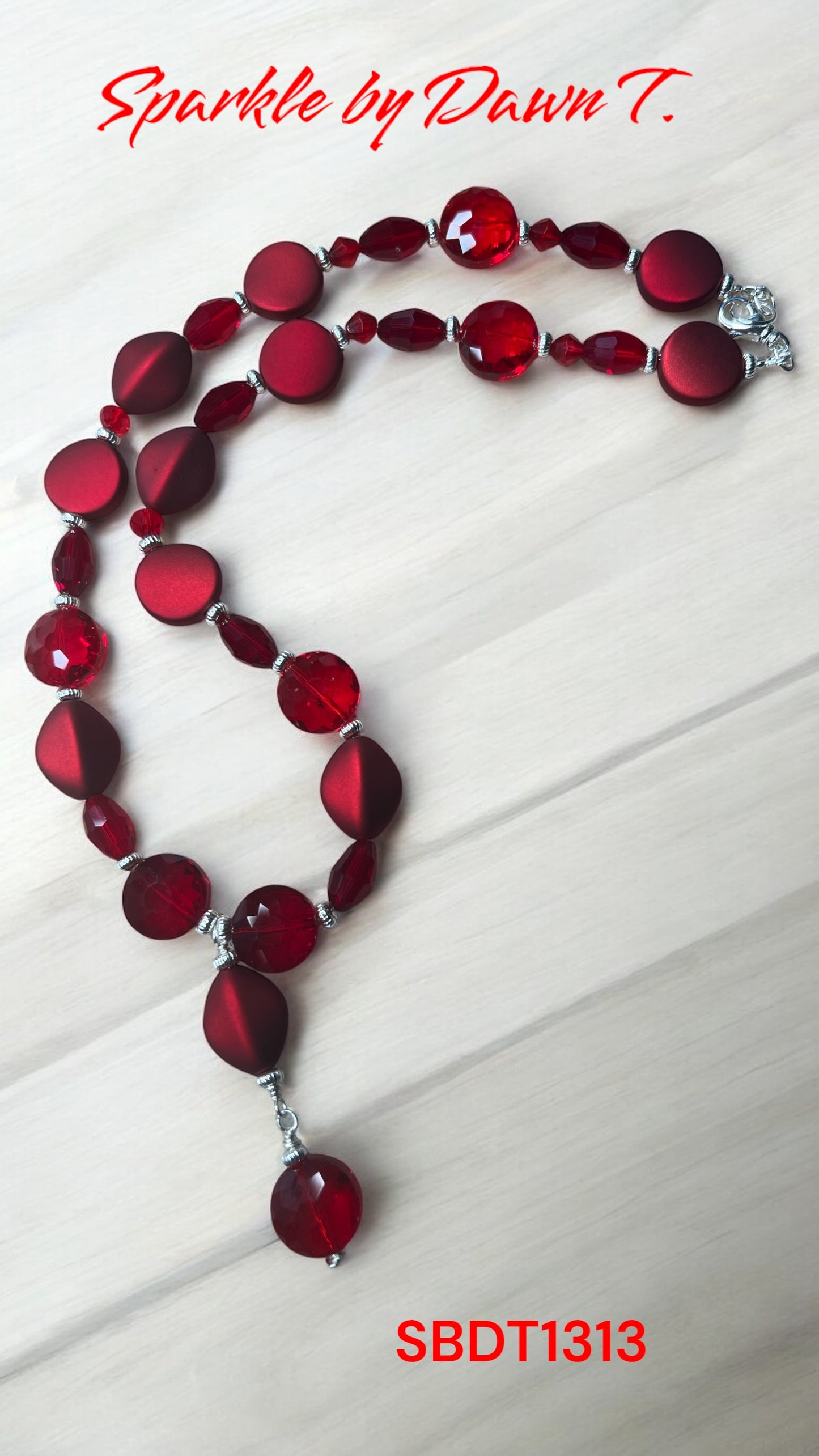 Matte Red and Red Crystal with Silver 19 inch necklace