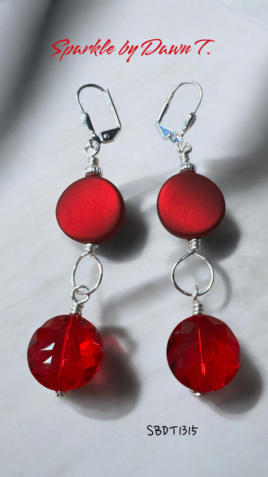 Matte Red and Red Crystal with Silver Dangle Earrings