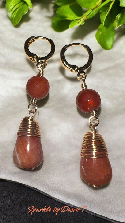 Gold Wrapped Teardrop Carnelian with Carnelian Bead Earrings  with gold Earwires- 2 inches long